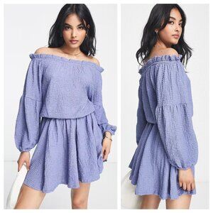 NWT ASOS Bardot Blue Textured Off Shoulder Ruffle Long Sleeve Dress